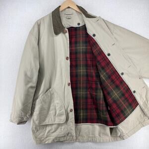 LL BEAN Jacket Mens L Canvas Barn Chore Field Coat Wool Plaid Flannel Lined Gray